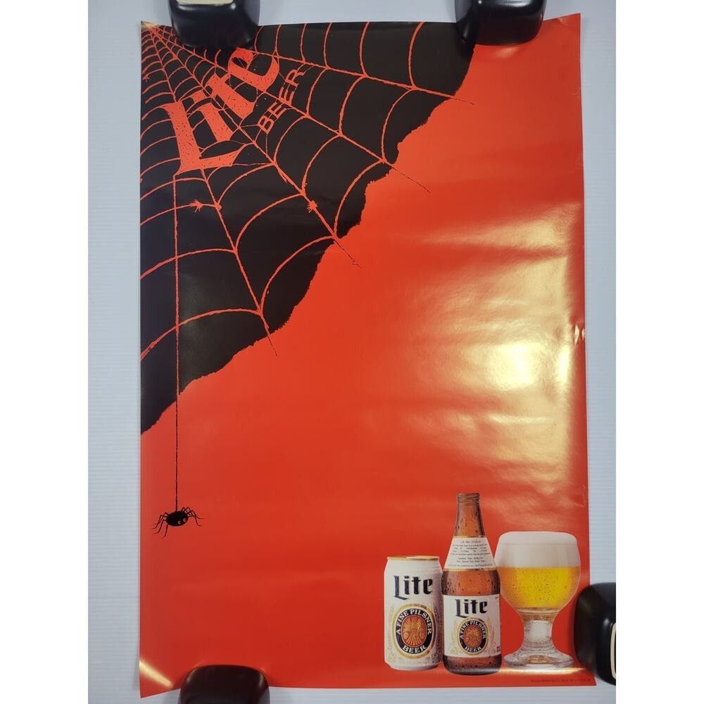 Vintage Miller Lite Beer‎ Halloween Spider Web Red Poster NEVER DISPLAYED